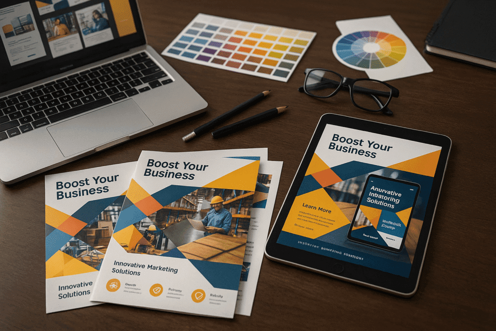 Services Digital and print marketing materials designed for brand promotion