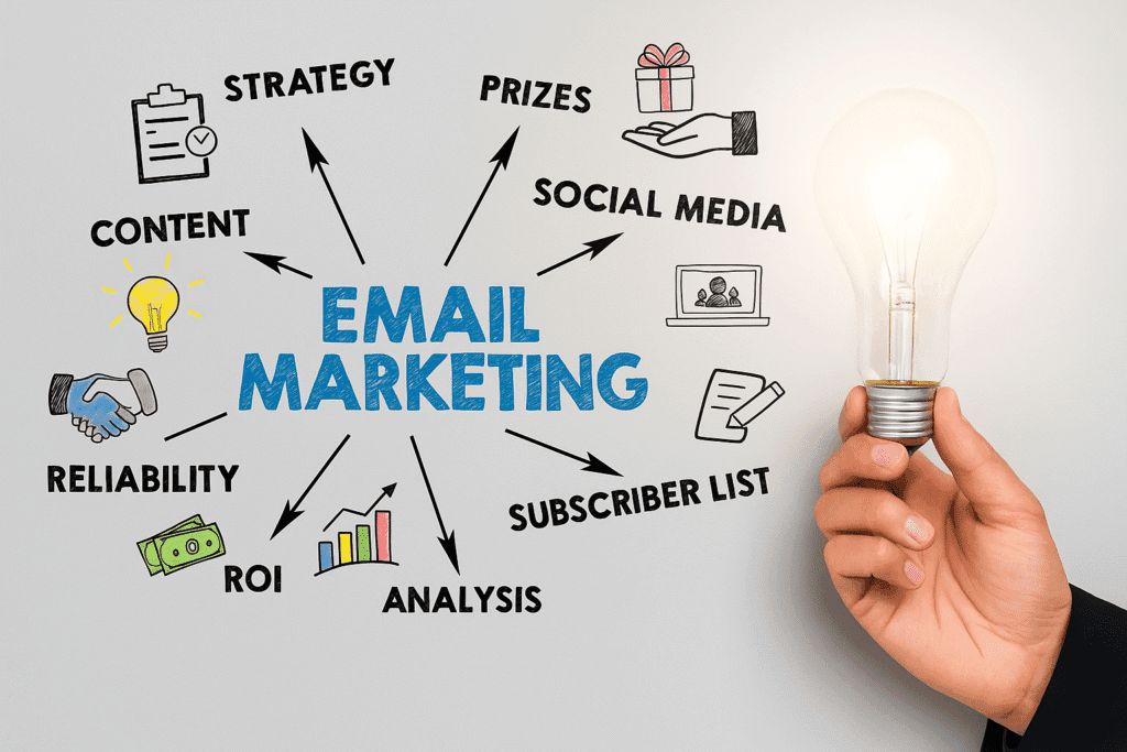Services Hand holding lightbulb with email marketing components like ROI, content, and social media