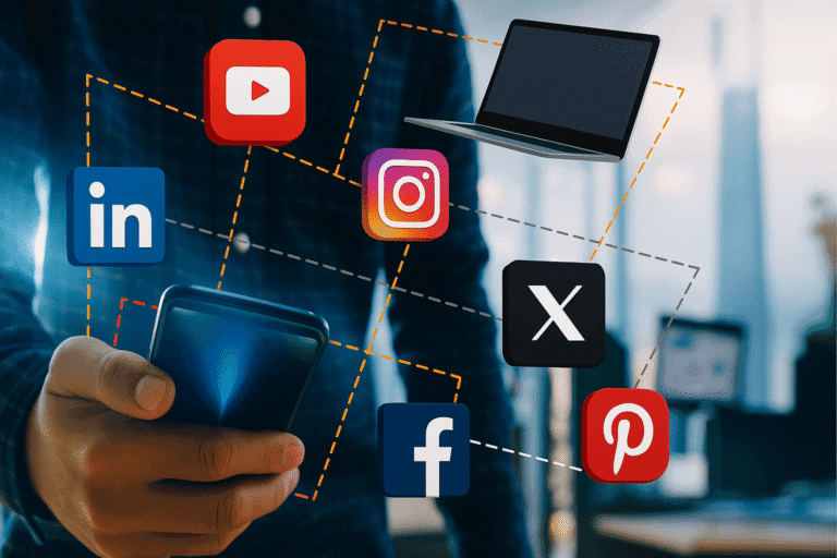 Services Person holding smartphone with social media icons floating in augmented interface