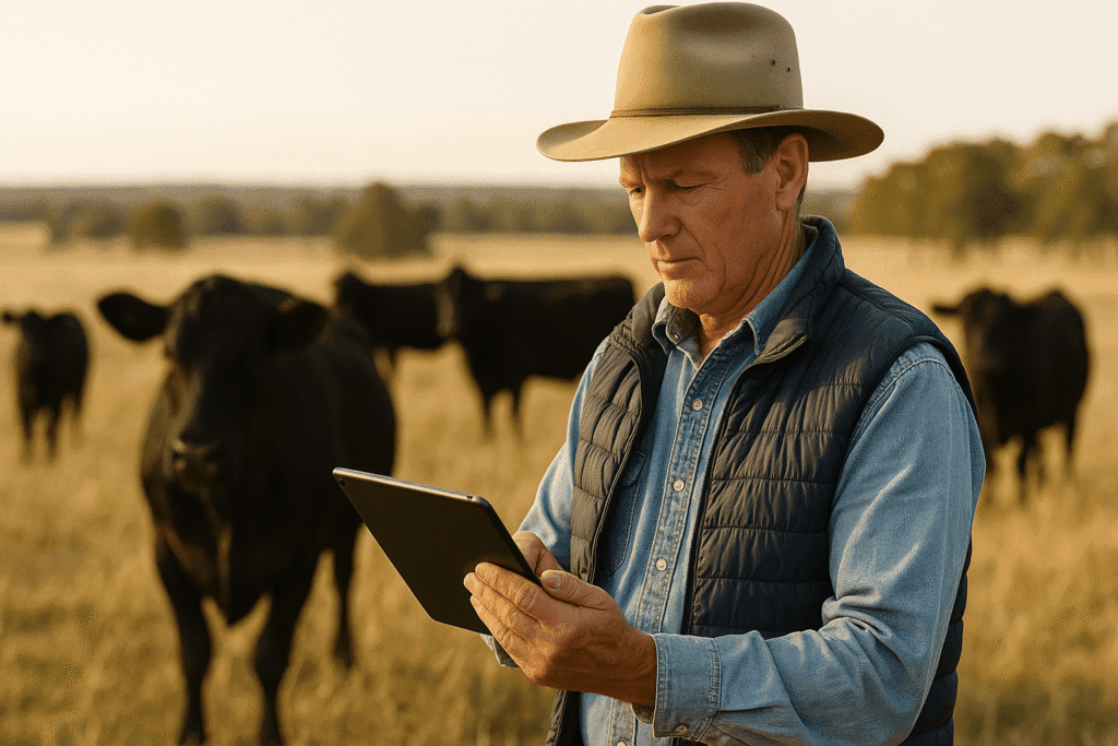 Rural stud breeder using a tablet in a sunlit paddock with Angus cattle, representing digital marketing for livestock businesses.