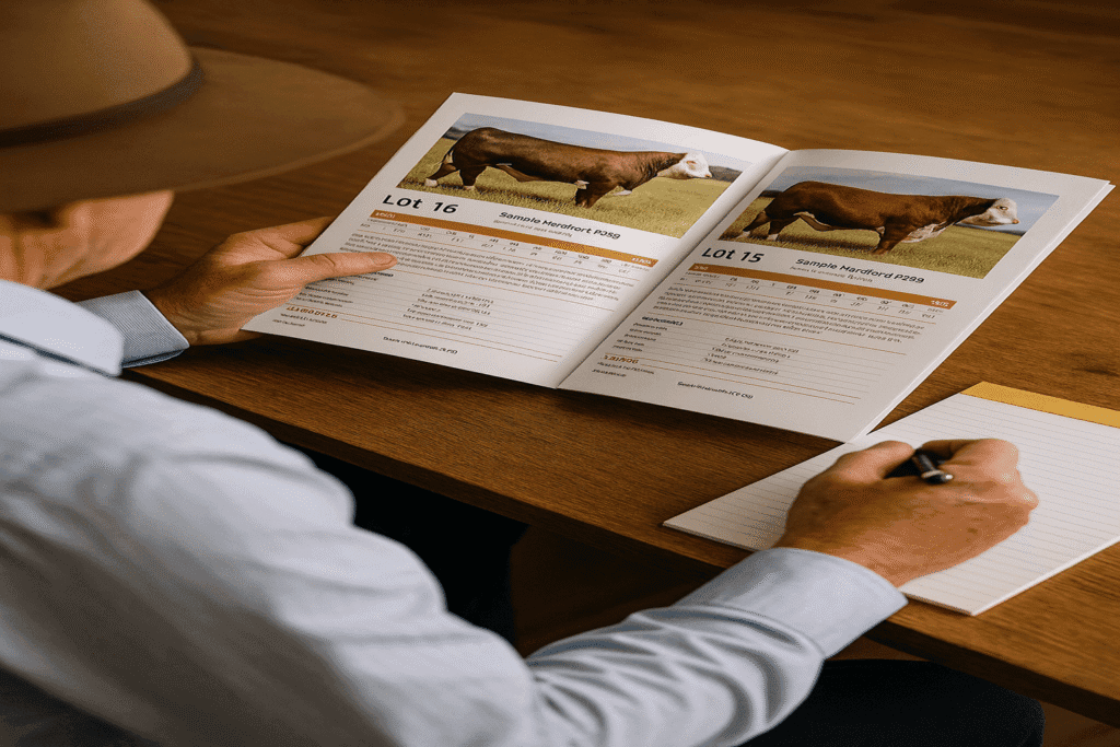 Services Livestock vendor reviewing custom stud sale catalogue